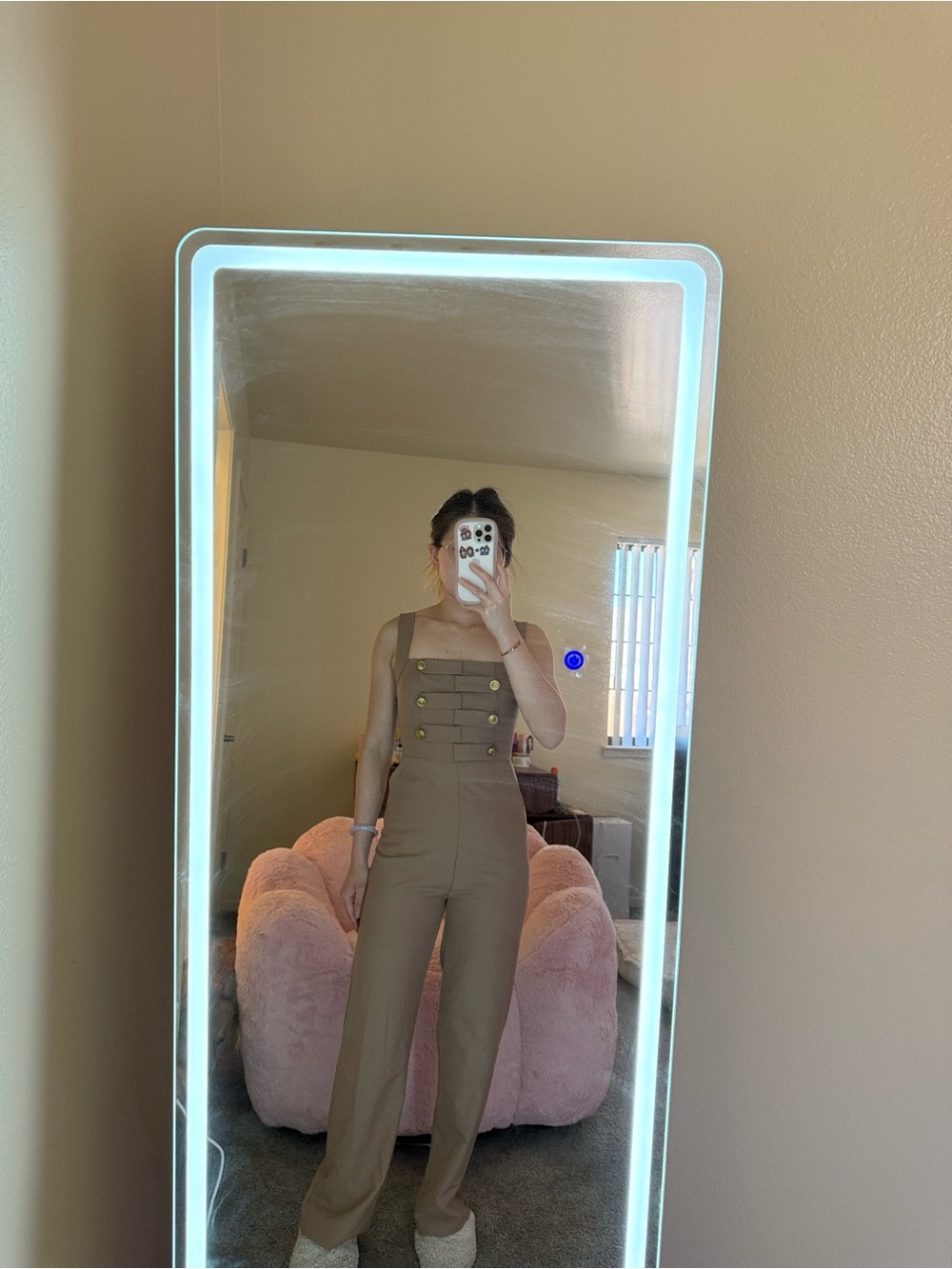 High-Waist Button-Front Jumpsuit in Olive Brown
